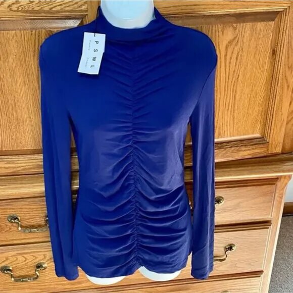 Proenza Schouler PSWL | Blue Ruched Turtleneck Top Open Back Tee - Picture 7 of 8